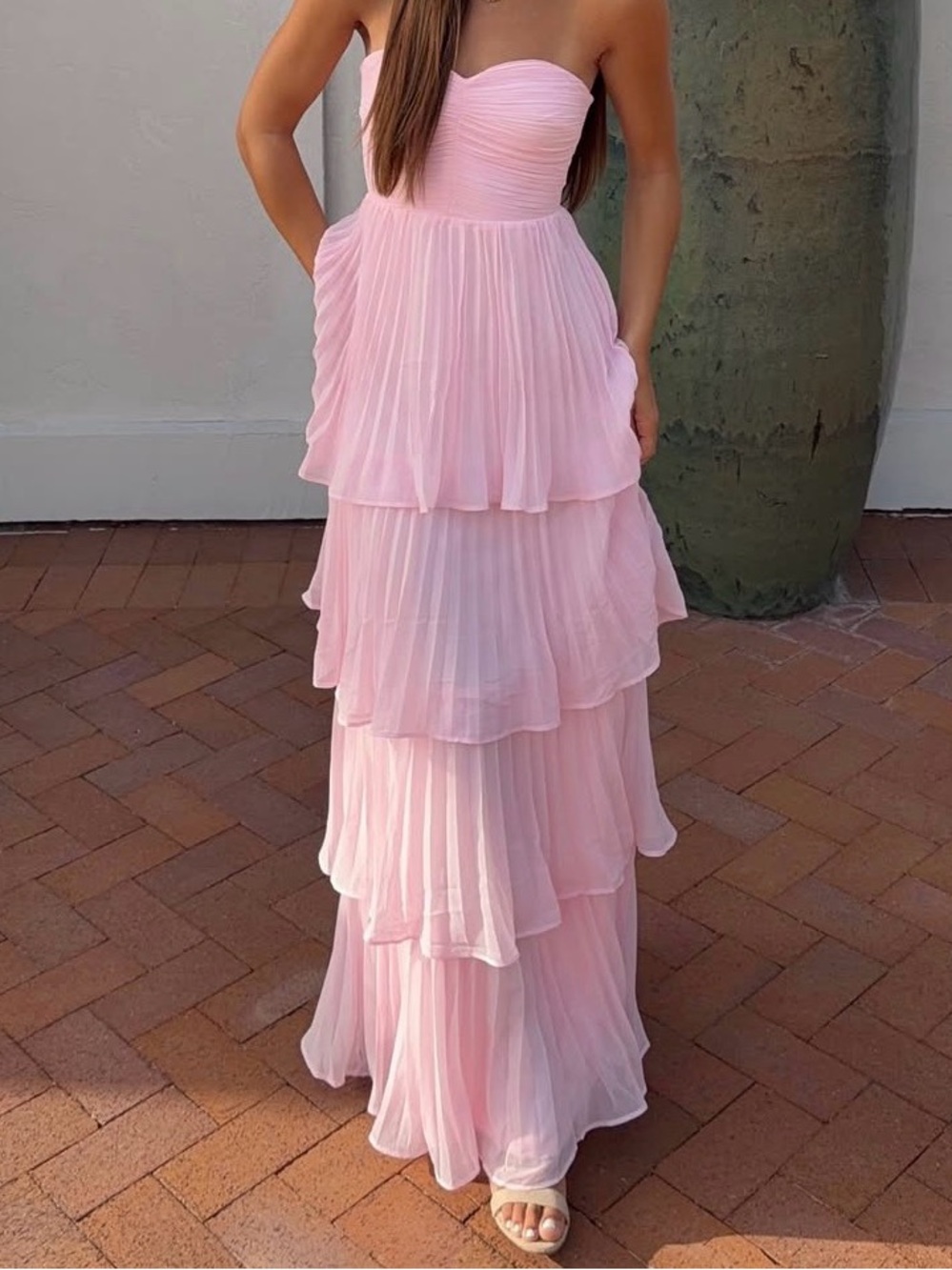Lulu's Blush Pink Strapless Tiered Maxi Gown